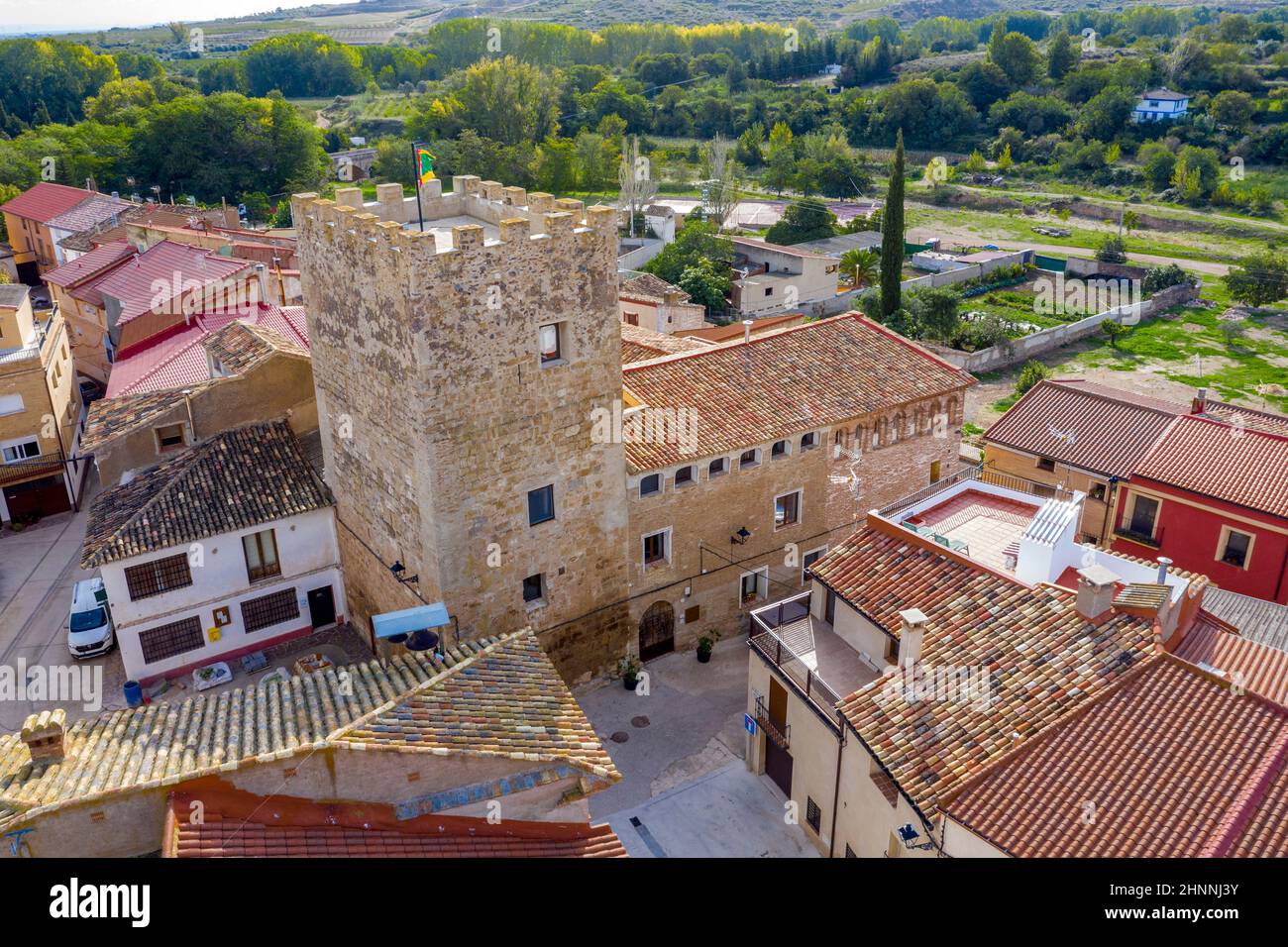 Castle Palace of Bulbuente, in the Campo de Borja region, Zaragoza, Spain, with the Moncayo Stock Photo