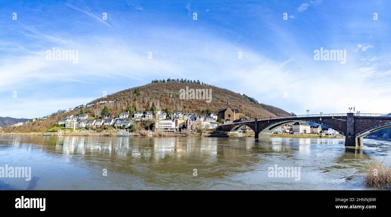 view to old historic roman bridge spanning river Moselle (Mosel) in Koblenz. Stock Photo