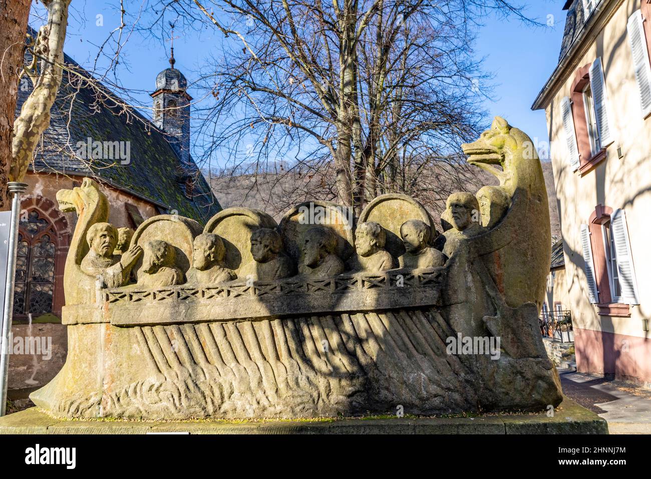 stone statue of  the ship of a wine merchant with barrels in Neumagen Dhron from roman times Stock Photo