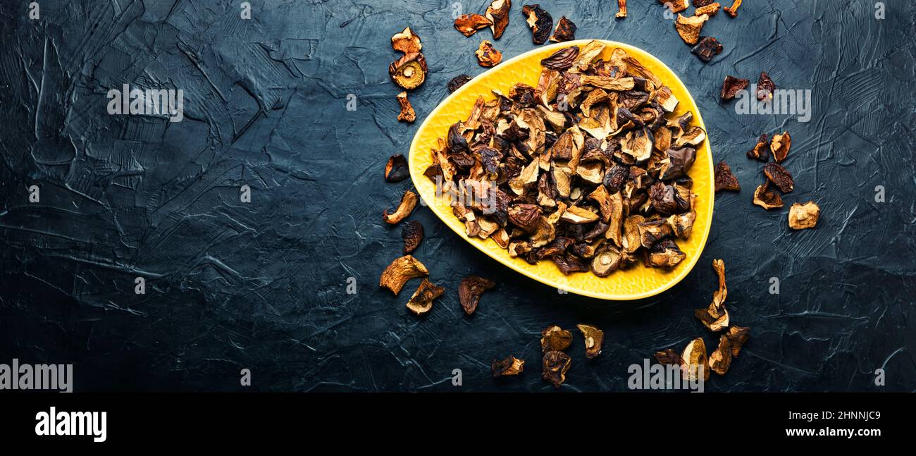 Dried edible mushrooms in a plate.Copy space Stock Photo Alamy