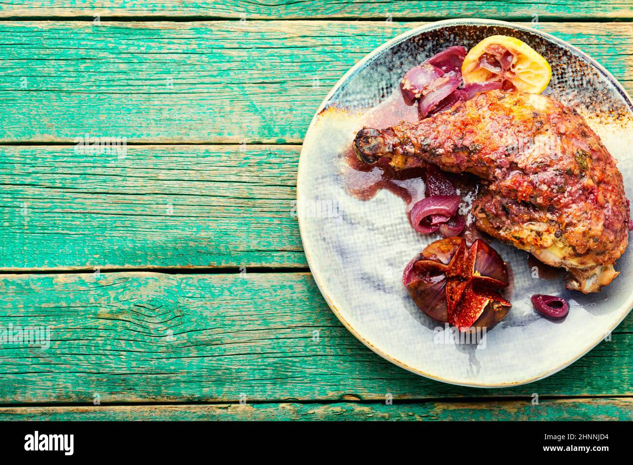 Chicken meat fried in fig fruit. Meat poultry with figs sauce.Copy ...