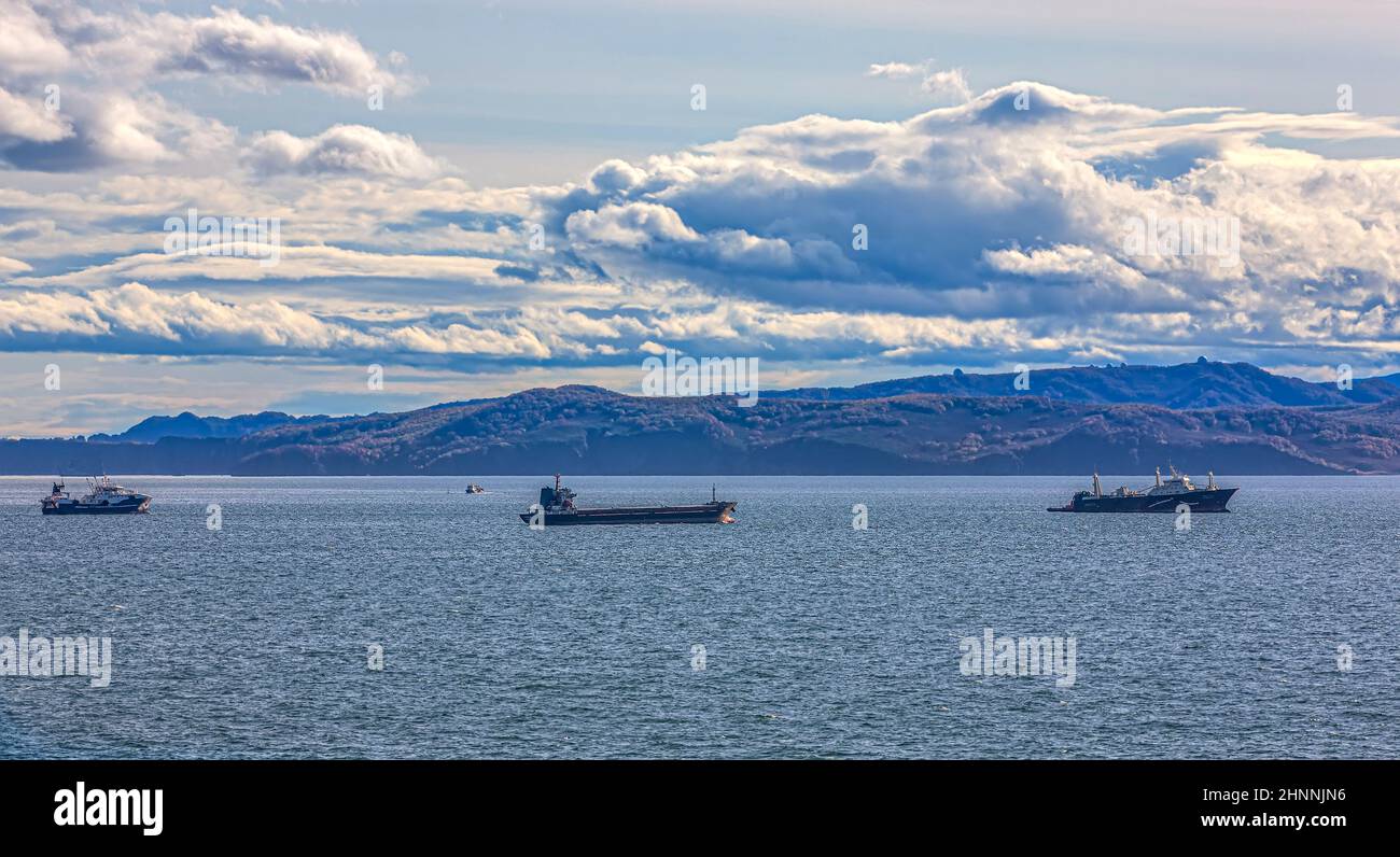 Fishing seiners and cargo ships in Avacha Bay in Kamchatka peninsula Stock Photo