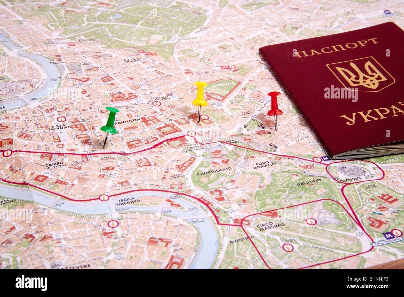 Passports on a map of the Rome Stock Photo