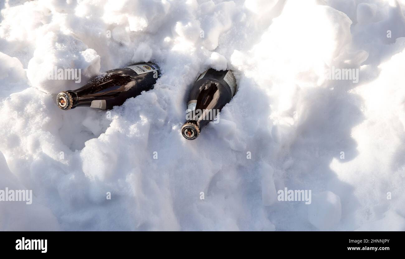 The Netherlands, November, 2021 Franziskaner weissbier in the snow Stock Photo