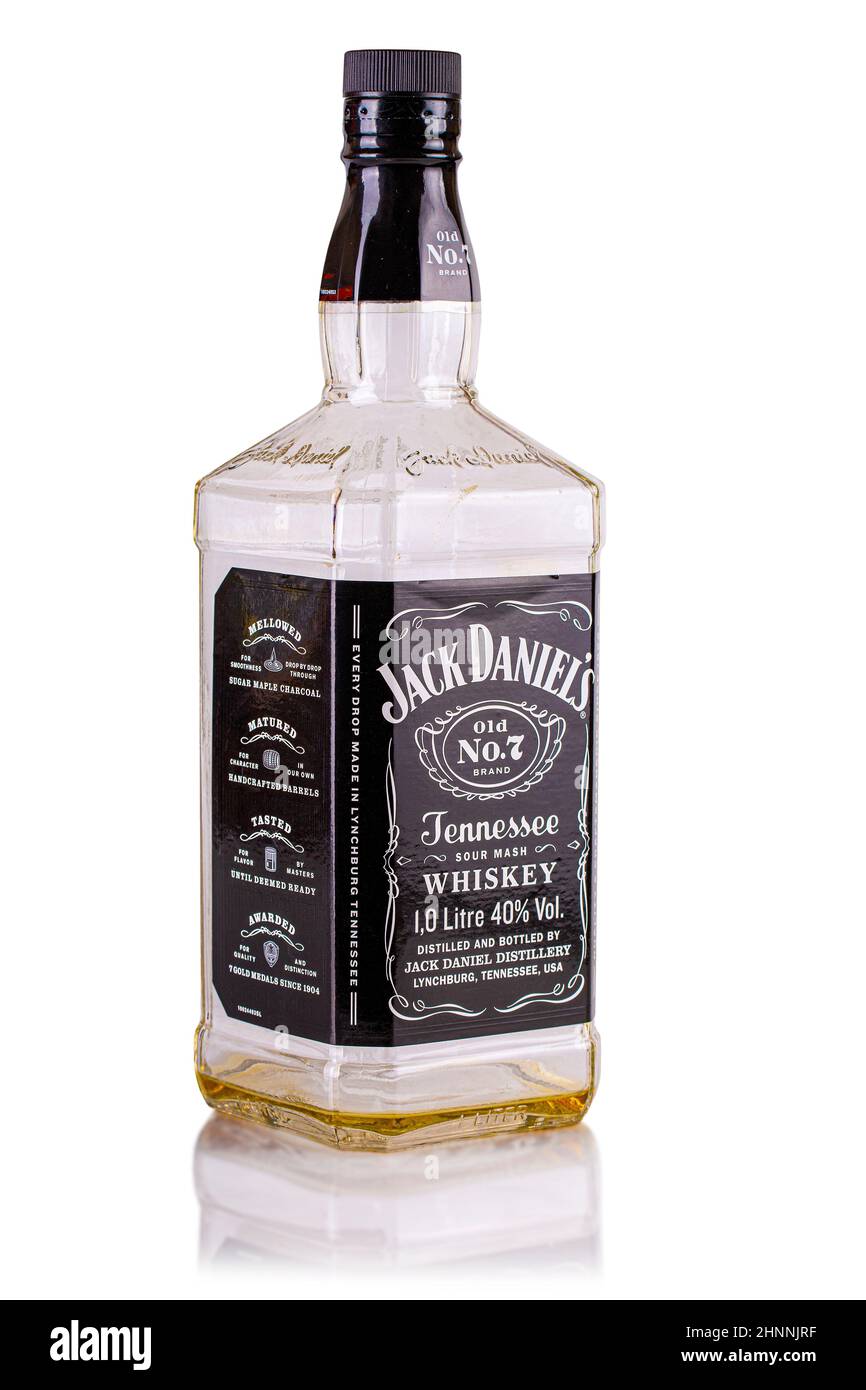 Empty bottle of Jack Daniel isolated on white background Stock Photo