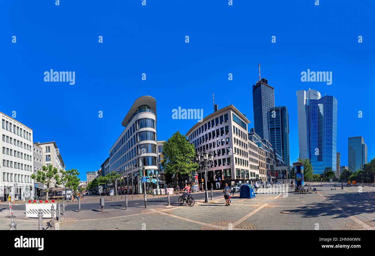 skyline of Frankfurt am Main with skyscraper under blue sky Stock Photo