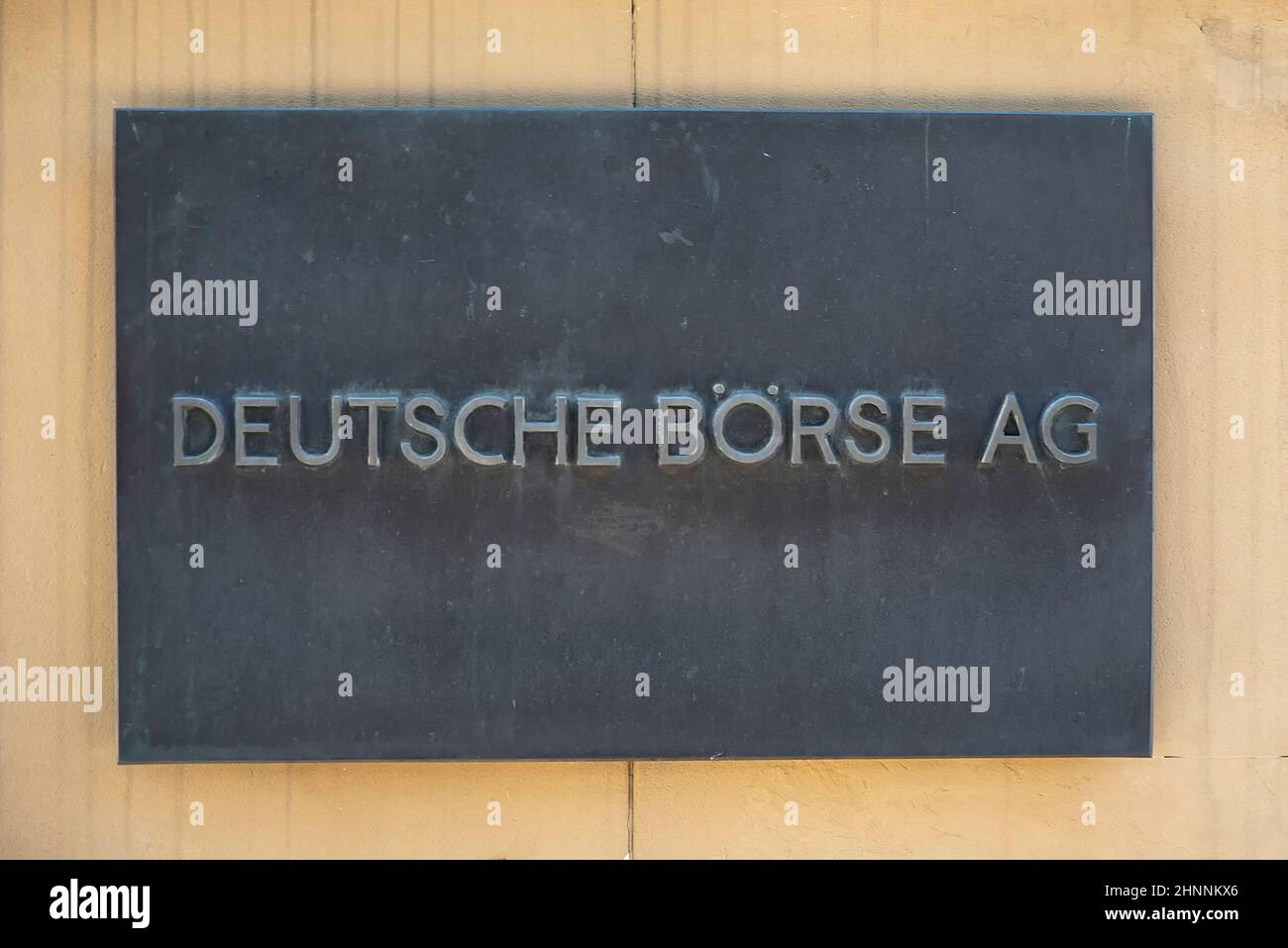 Close-up of sign with writing Deutsche Börse AG At the entrance of Frankfurt stock exchange. One of the most important stock markets in the world Stock Photo