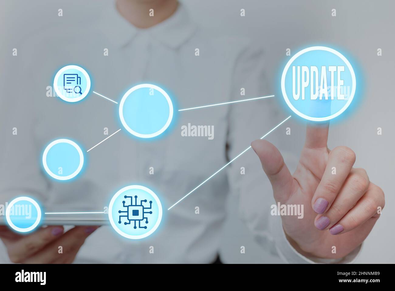 Text caption presenting UPDATE, Word for make something more modern or up to date like software program Lady Holding Tablet Pressing On Virtual Button Stock Photo