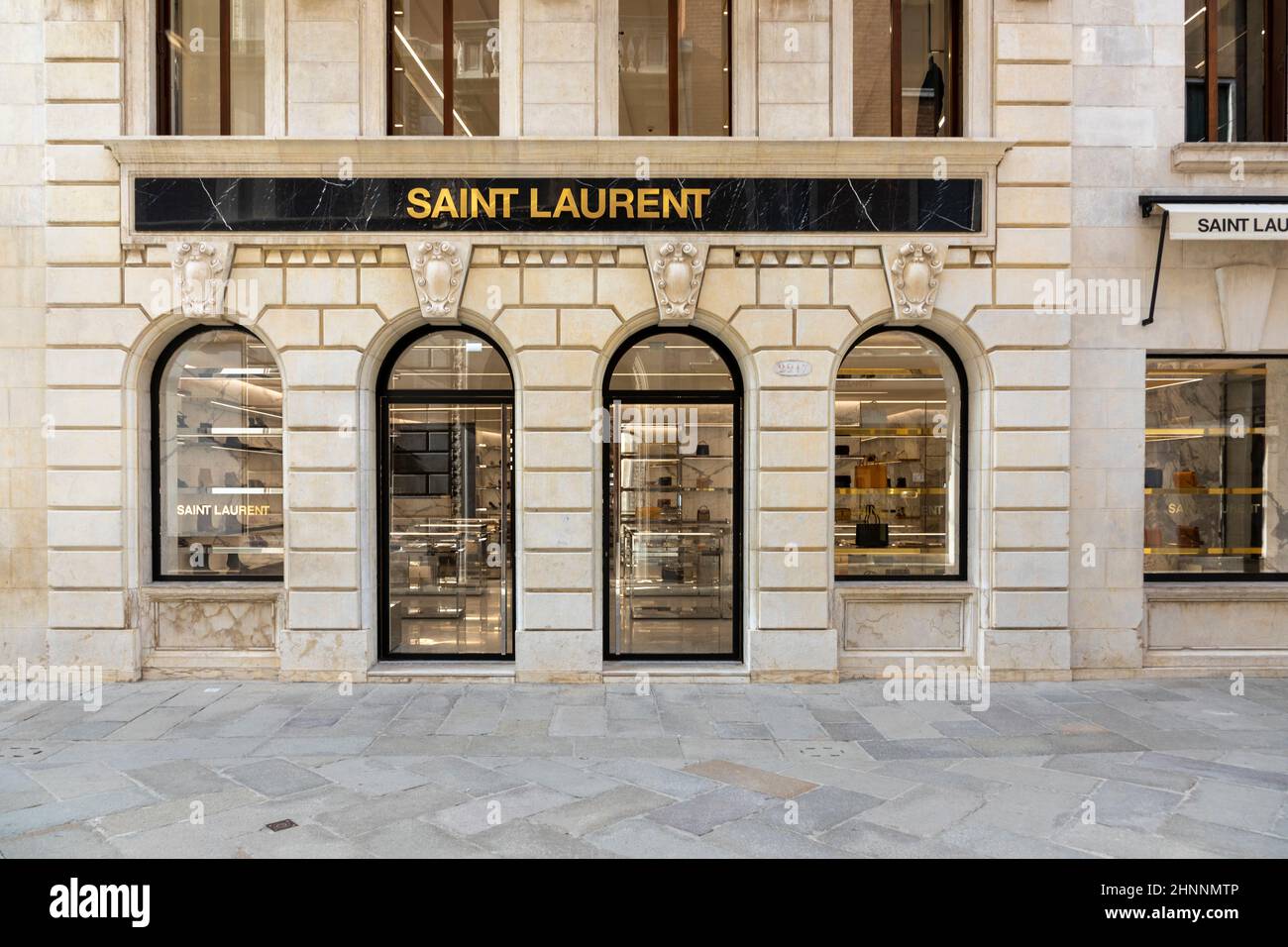 facade of haute couture shop Saint Laurent in the Quarter San Marco in Venice Stock Photo