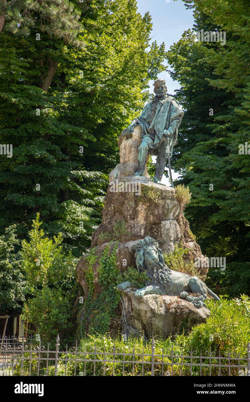 Giuseppe Garibaldi Monument. Giuseppe Garibaldi monument with 3 bronze statues by sculptor Augusto Benvenuti (1839 - 1899). Stock Photo