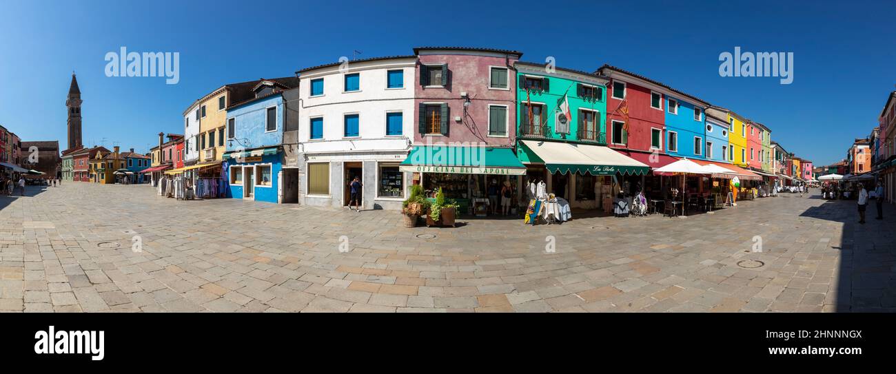 View of the colorful houses in Burano, Venice, Italy. Burano is an island in the Venetian Lagoon known for its lace work and brightly coloured homes Stock Photo