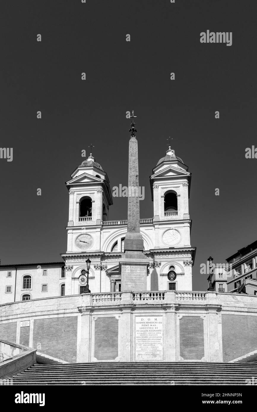 Church of the Santissima Trinita dei Monti with the Obelisco Sallustiano and the Spanish Steps close to Piazza di Spagna. Stock Photo
