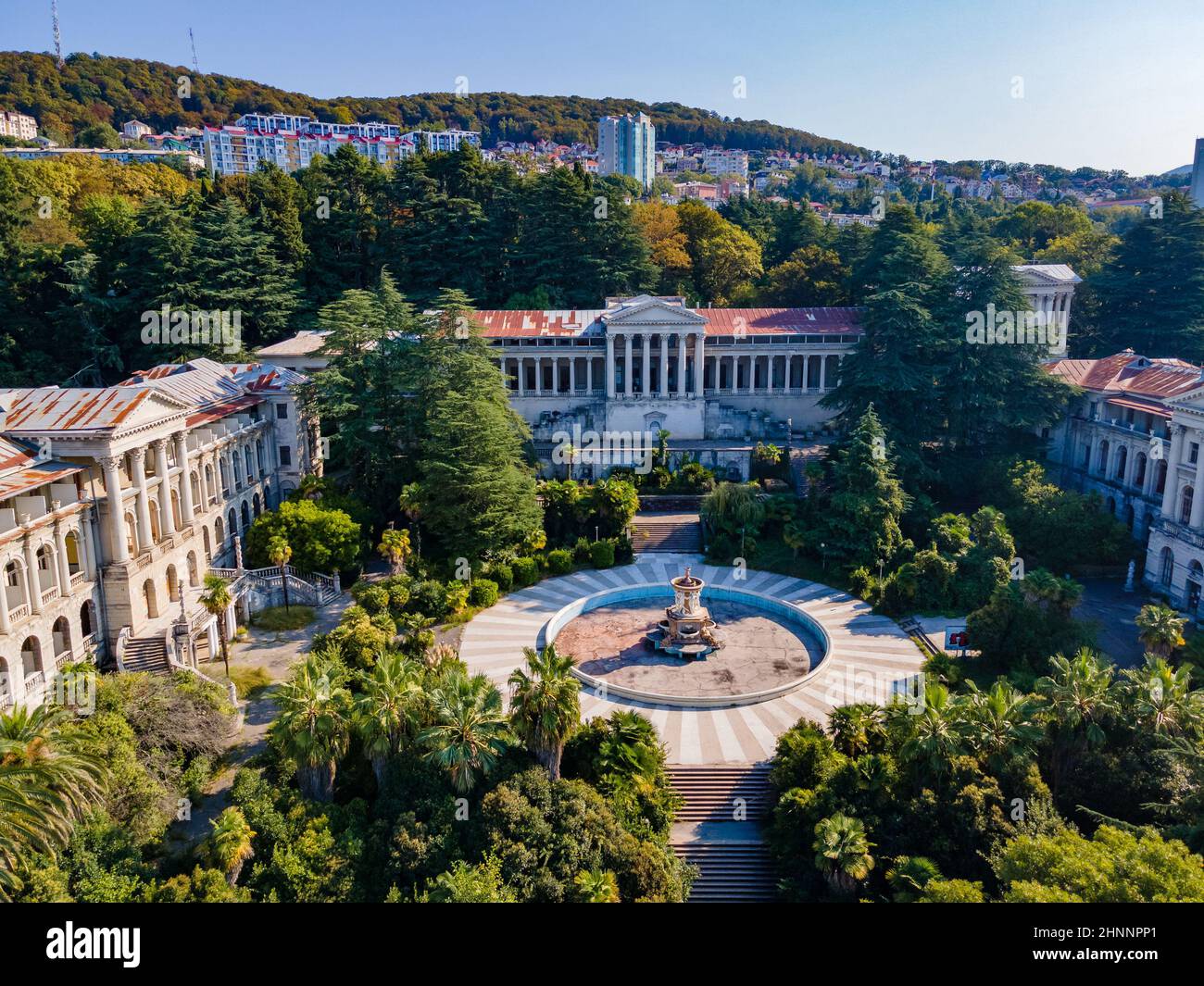 Russia, Krasnodar Krai, Sochi, Aerial view of courtyard of abandoned Sanatorium Ordzhonikidze Stock Photo