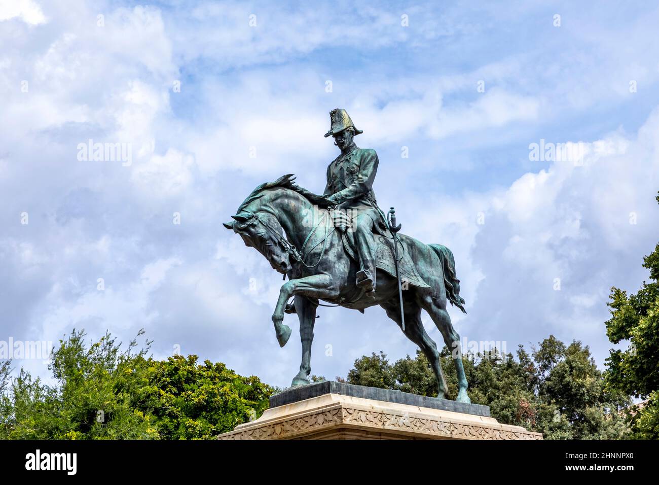 public park Giardino in Rome with rider statue of  Carlo Alberto In Rome Stock Photo