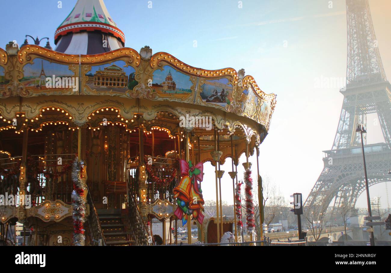 Carousel in park near the Eiffel tower in Paris Stock Photo