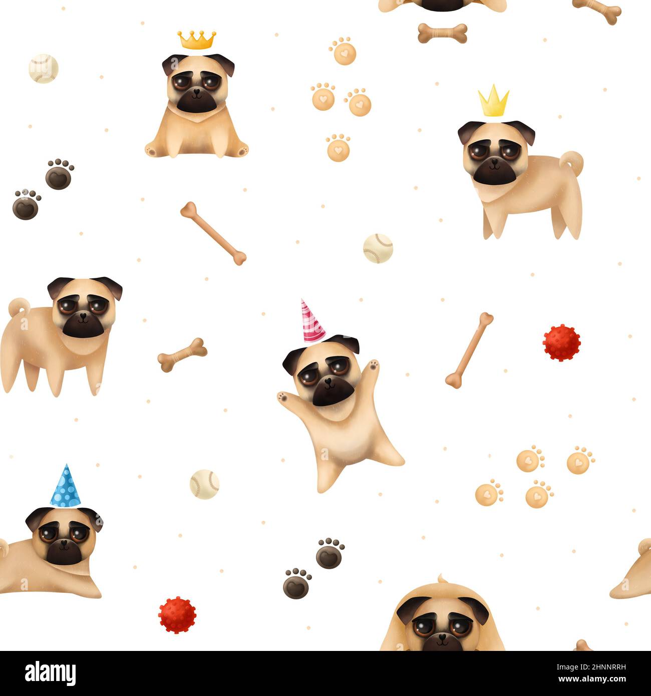 Seamless pattern with cute pugs. Pug, bones and balls on a white ...