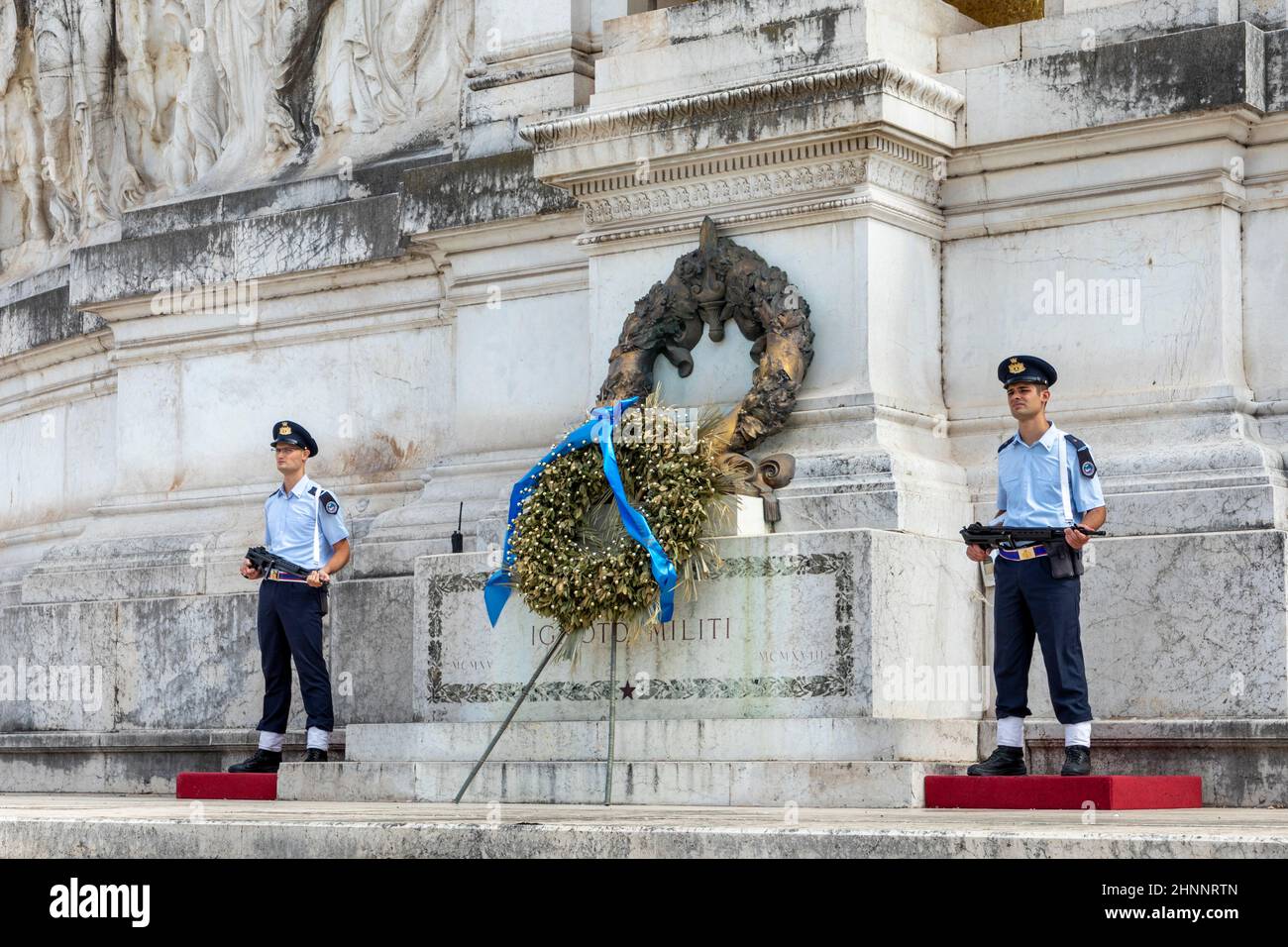 Soldiers at Victor Emmanuel II historic monument, Monumento Nazionale a Vittorio Emanuele II, on Venetian Square. Tomb of the Unknown Soldier. Stock Photo