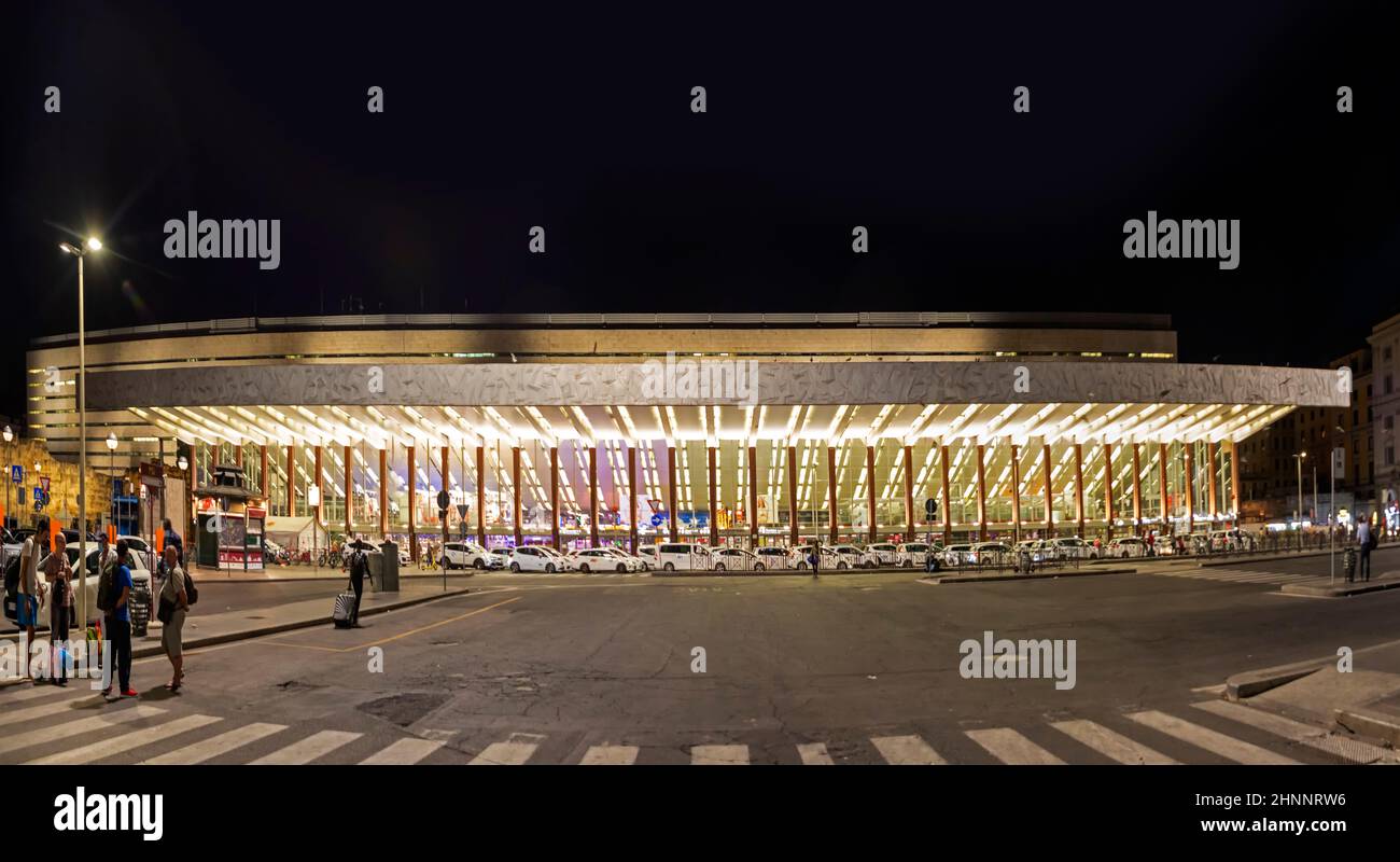 Train Station Termini Rome at night with parking lot for Busses Stock Photo