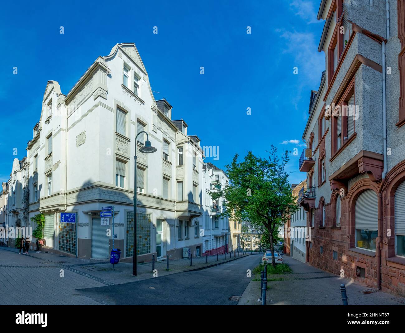 streetview of Wiesbaden old town with typical brick buildings of the 19th century Stock Photo