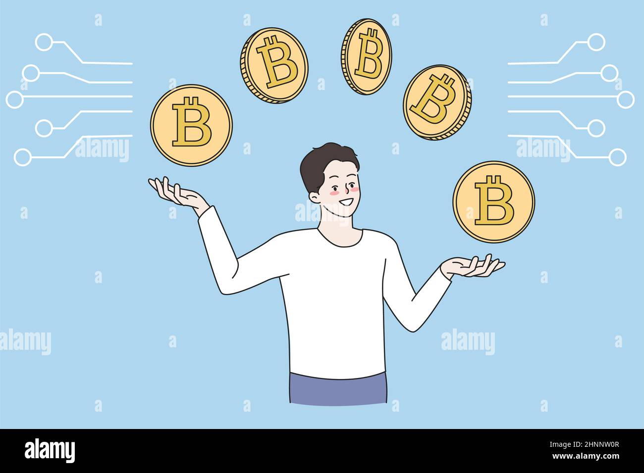 Young man holding golden bitcoins, working online on stock market. Smiling  male mine coins, buy and sell cryptocurrency on growing market. Crypto inve  Stock Photo - Alamy