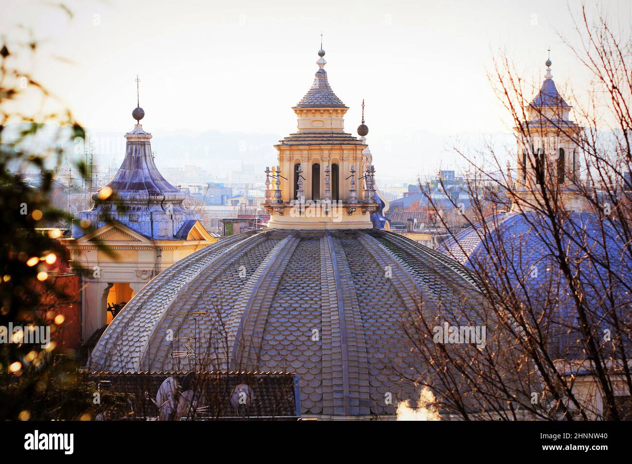 View of piazza del Popolo in Rome. View of Santa Maria in Montesanto and Santa Maria dei Miracoli Stock Photo