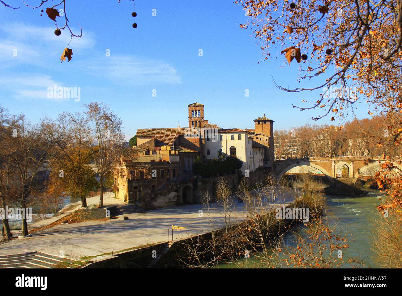 Tiberina Island (Isola Tiberina) on the river Tiber in Rome, Italy in autumn Stock Photo