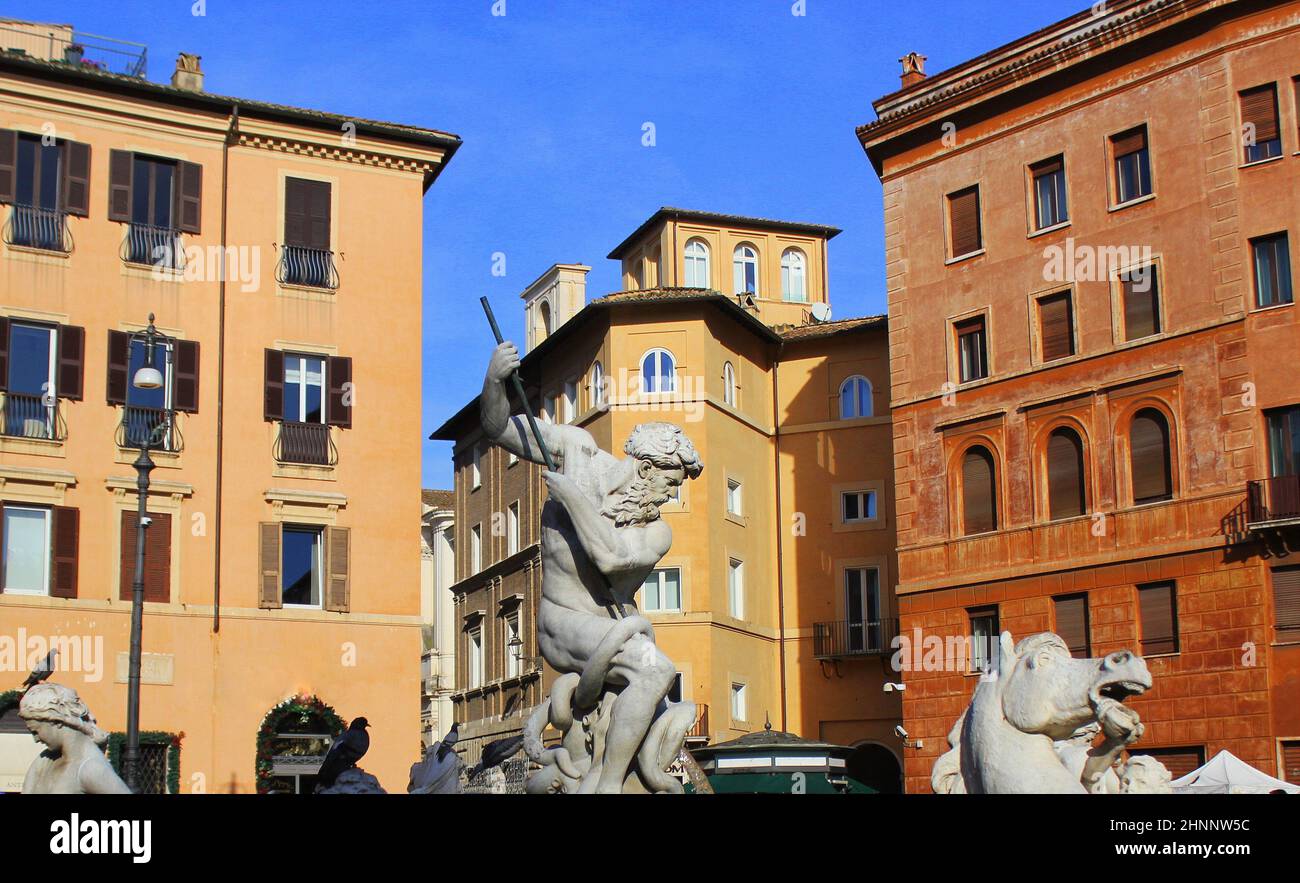 Fountain of Neptune located at the empty north end of the Square Navona (Piazza Navona) in Rome. Italy Stock Photo