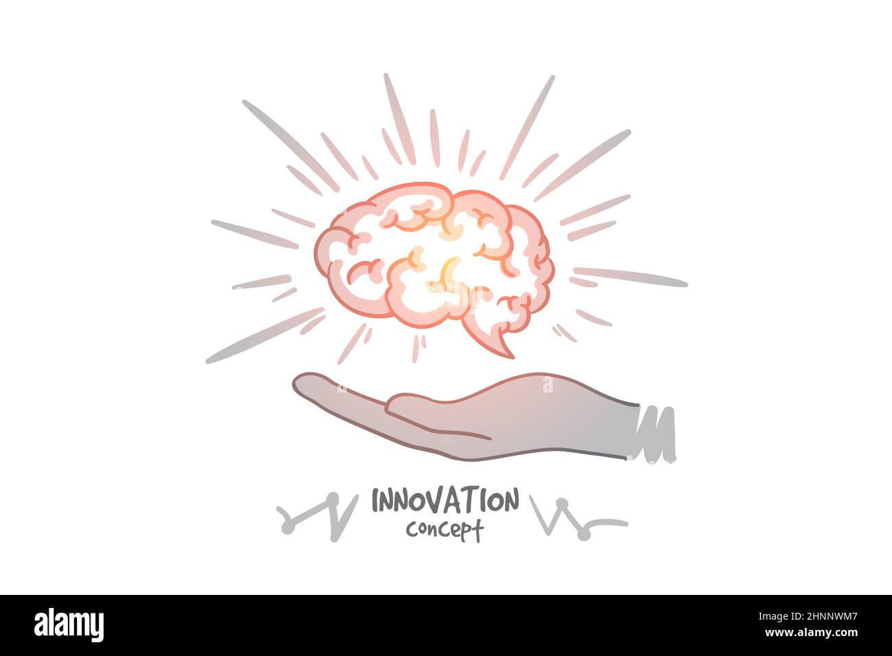 Innovation concept. Hand drawn humans brain in hands. Brain as a symbol ...