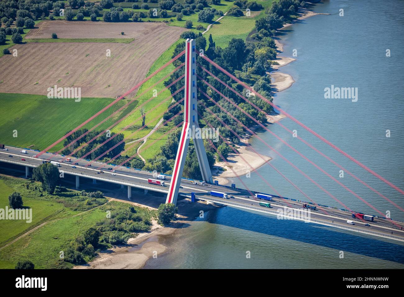 Aerial view, Fleher bridge on the river Rhine in the district Flehe in Düsseldorf, Rhineland, North Rhine-Westphalia, Germany, bridge, DE, Düsseldorf, Stock Photo