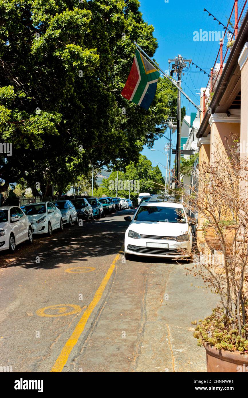 Typical Street with van flag of South Africa, Cape Town. Stock Photo