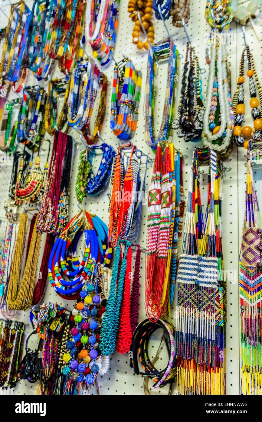 Colorful African bracelets, necklaces and jewelry, Cape Town. Stock Photo