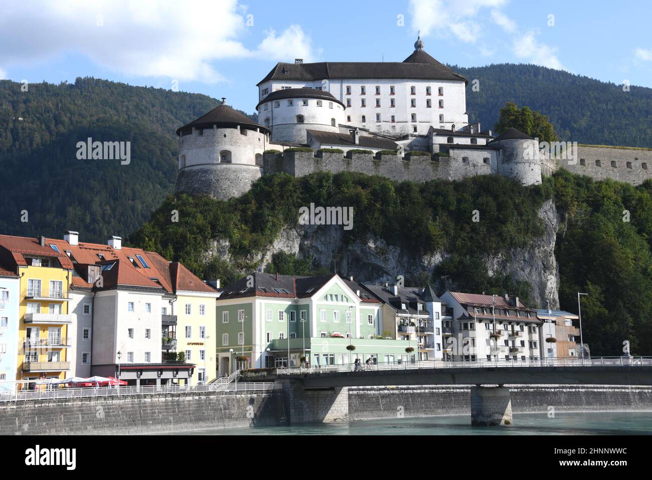 In 1205 the Kufstein Fortress in Austria,Tyrol was first mentioned in a document. The fortress is the landmark of Kufstein. It is located on the 90m high rock mountain directly on the river Inn. Stock Photo