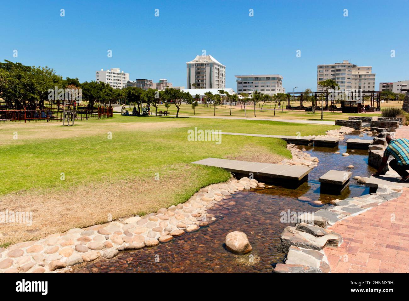 Green Point Park lake and hotels panorama, Cape Town. Stock Photo