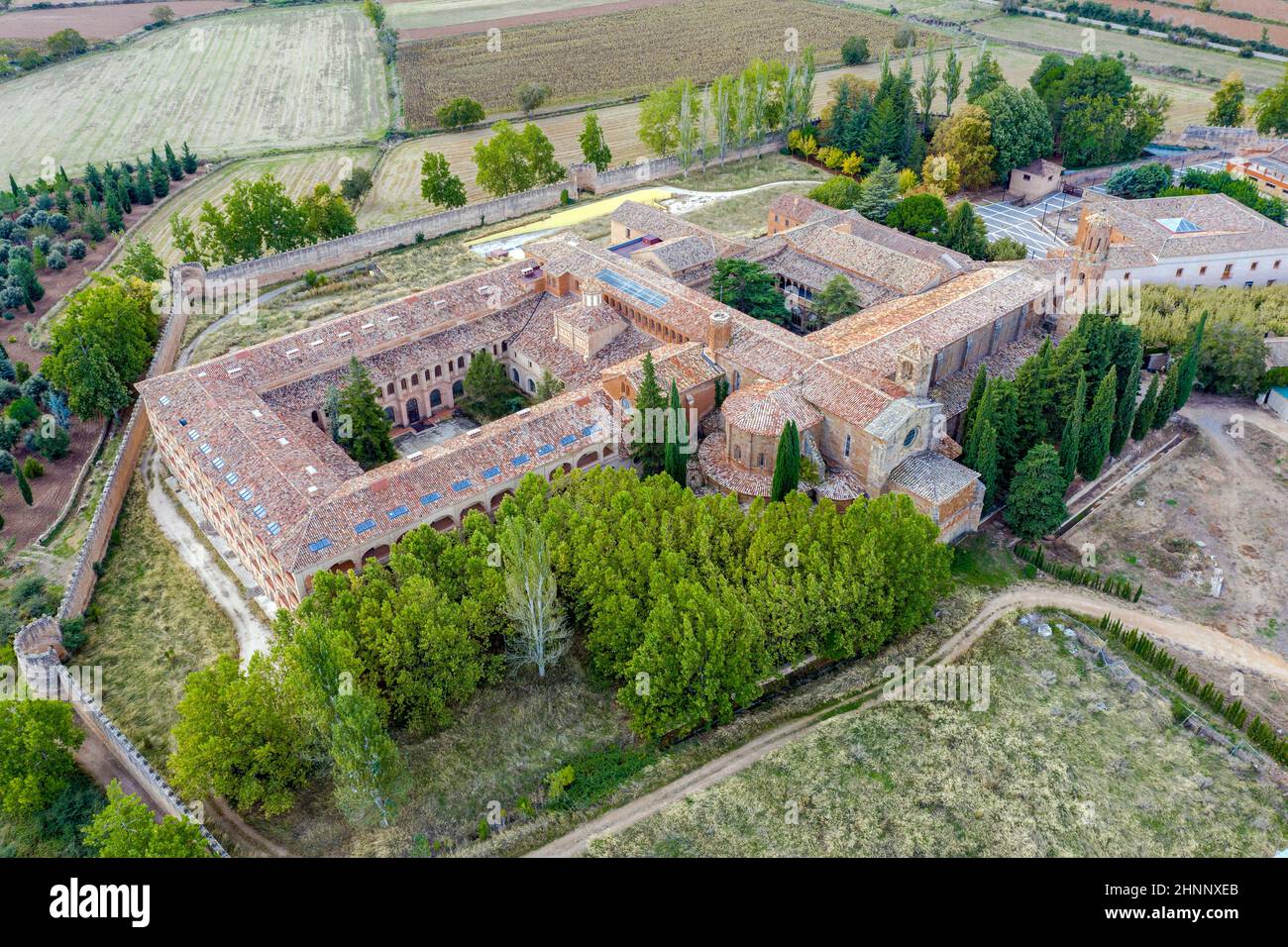 Aerial view of cloisters in the Abbey Royal Monastery of Santa Maria de Veruela, Vera de Moncayo, Zaragoza, Aragon, Spain Stock Photo