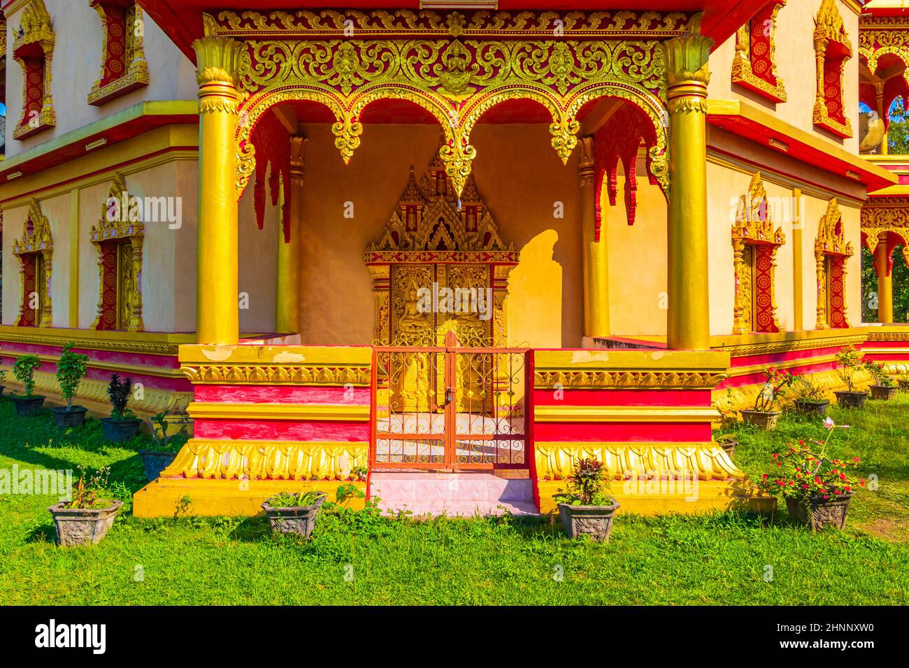 Wat Phol Phao buddhist temple entrance door Luang Prabang Laos. Stock Photo