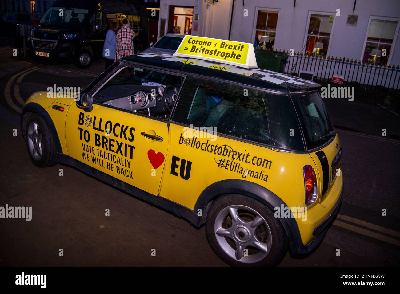 Anti Brexit, Pro EU protest car outside a venue hosting Nigel Farage and GB News in Southend on Sea, Essex, UK Stock Photo