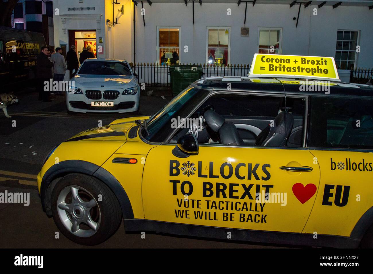Anti Brexit, Pro EU protest car outside a venue hosting Nigel Farage and GB News in Southend on Sea, Essex, UK Stock Photo