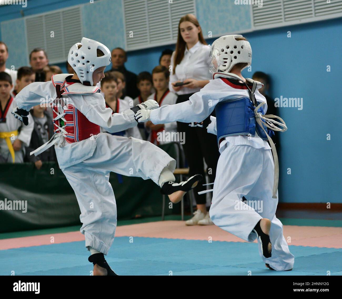 Orenburg, Russia - October 19, 2019: Boys compete in taekwondo Stock Photo