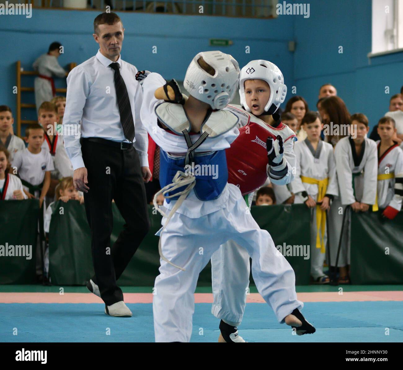 Orenburg, Russia - October 19, 2019: Boys compete in taekwondo Stock Photo