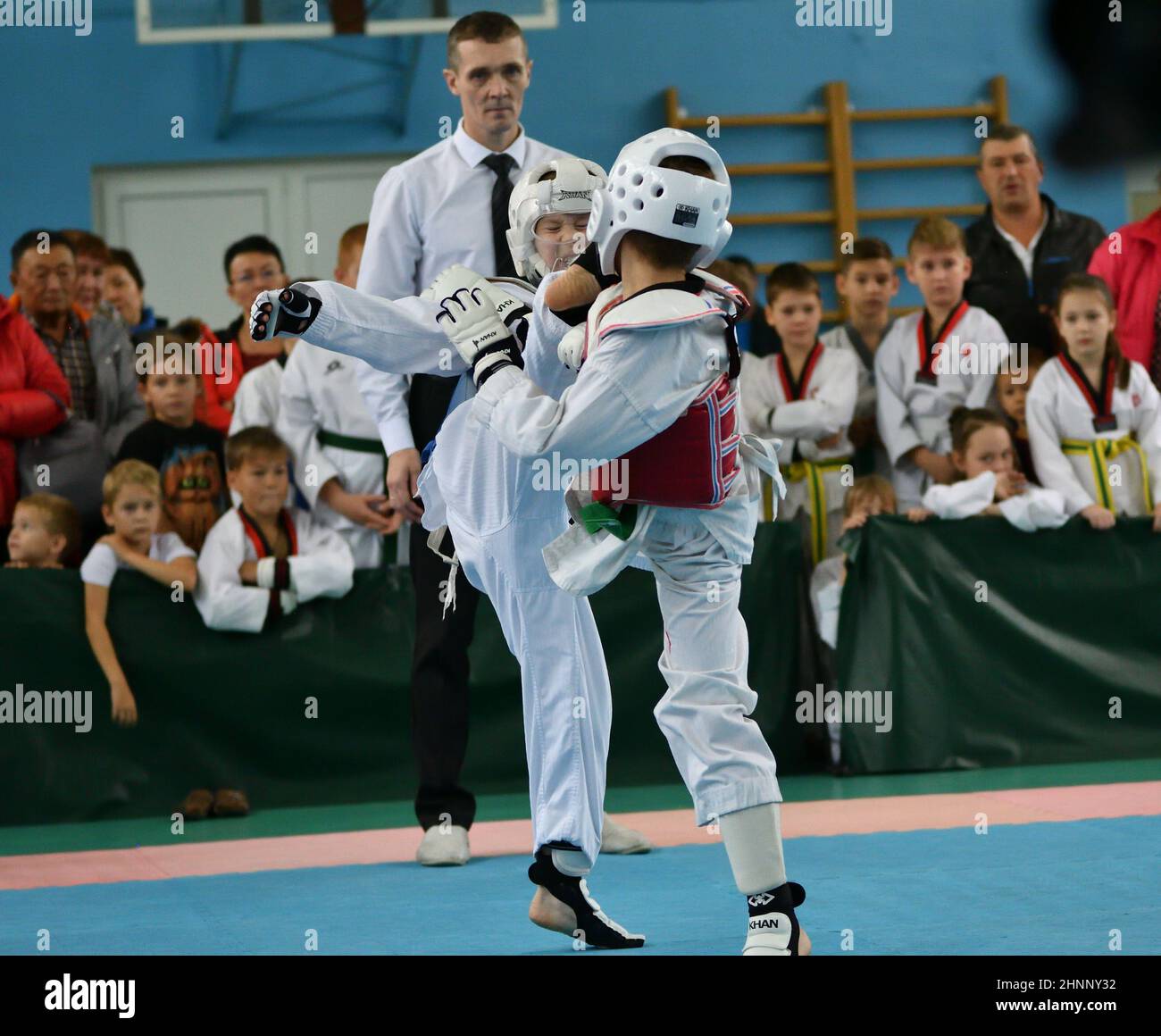 Orenburg, Russia - October 19, 2019: Boys compete in taekwondo Stock Photo