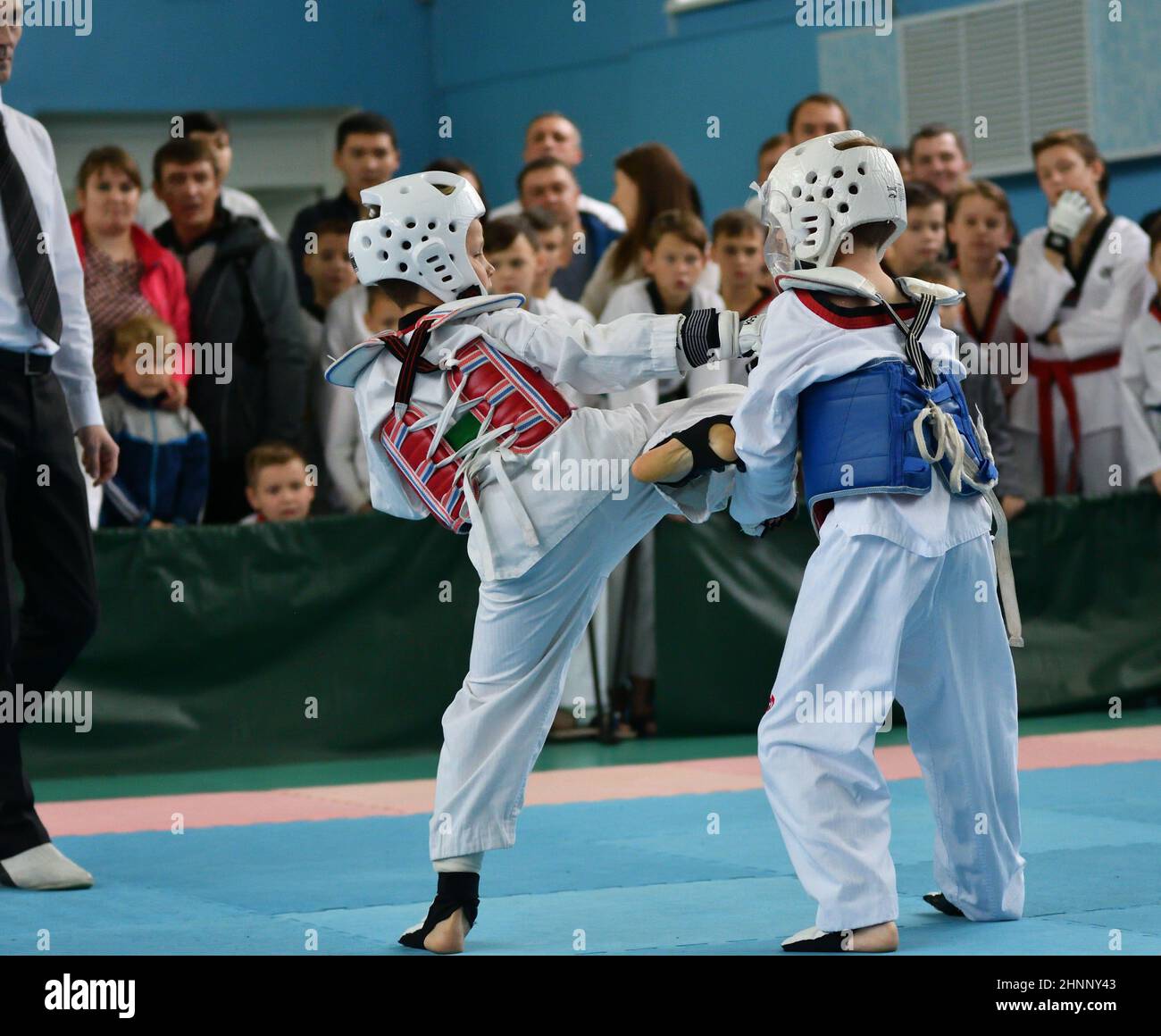 Orenburg, Russia - October 19, 2019: Boys compete in taekwondo Stock Photo