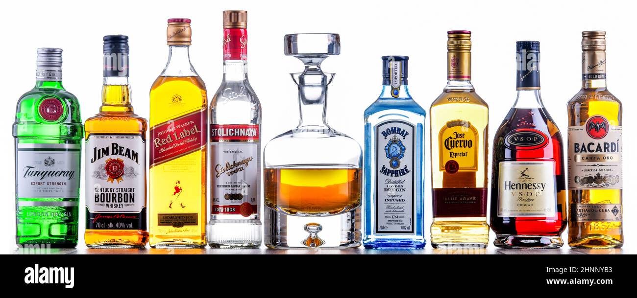 Bottles of assorted global liquor brands Stock Photo Alamy