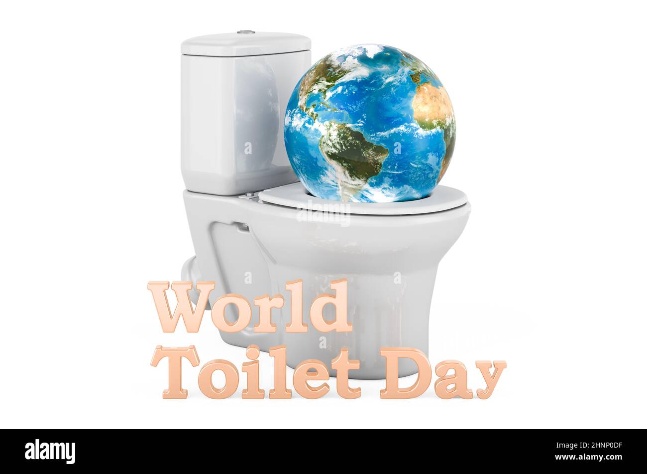 World toilet day concept. Toilet bowl with Earth Globe, 3D rendering isolated on white background Stock Photo