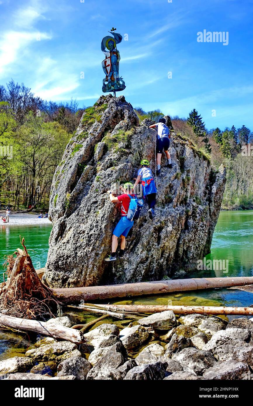 Bavaria, Upper Bavaria, Landkreis Munich, Georgenstein, Father and Sons, climb, bouldering, Isar Stock Photo