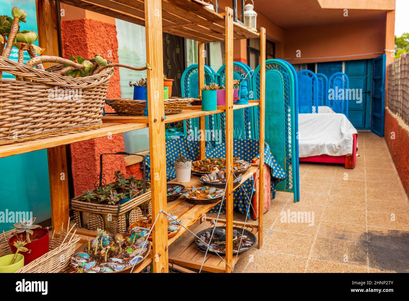 Chaotic and crowded guesthouse hostel room on Mallorca Spain. Stock Photo