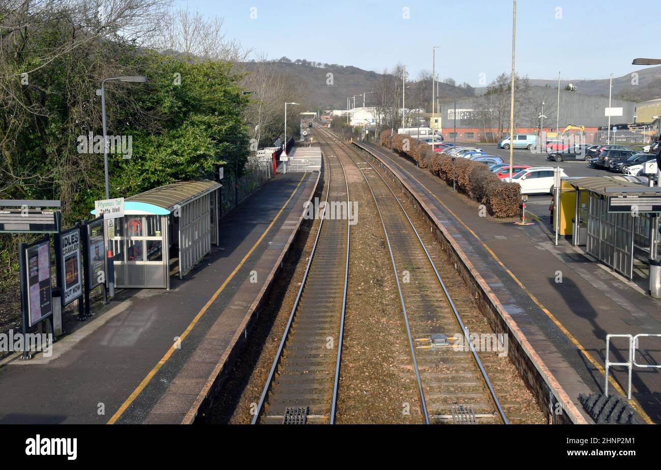 Taffs Well, Wales - February 2022: Taffs Well railway station with a platform extension in the background Stock Photo
