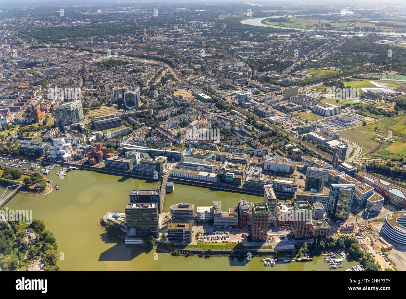 Aerial view, Media Harbour in the former Rhine Harbour in Düsseldorf, Rhineland, North Rhine-Westphalia, Germany, DE, Düsseldorf, Europe, commercial e Stock Photo