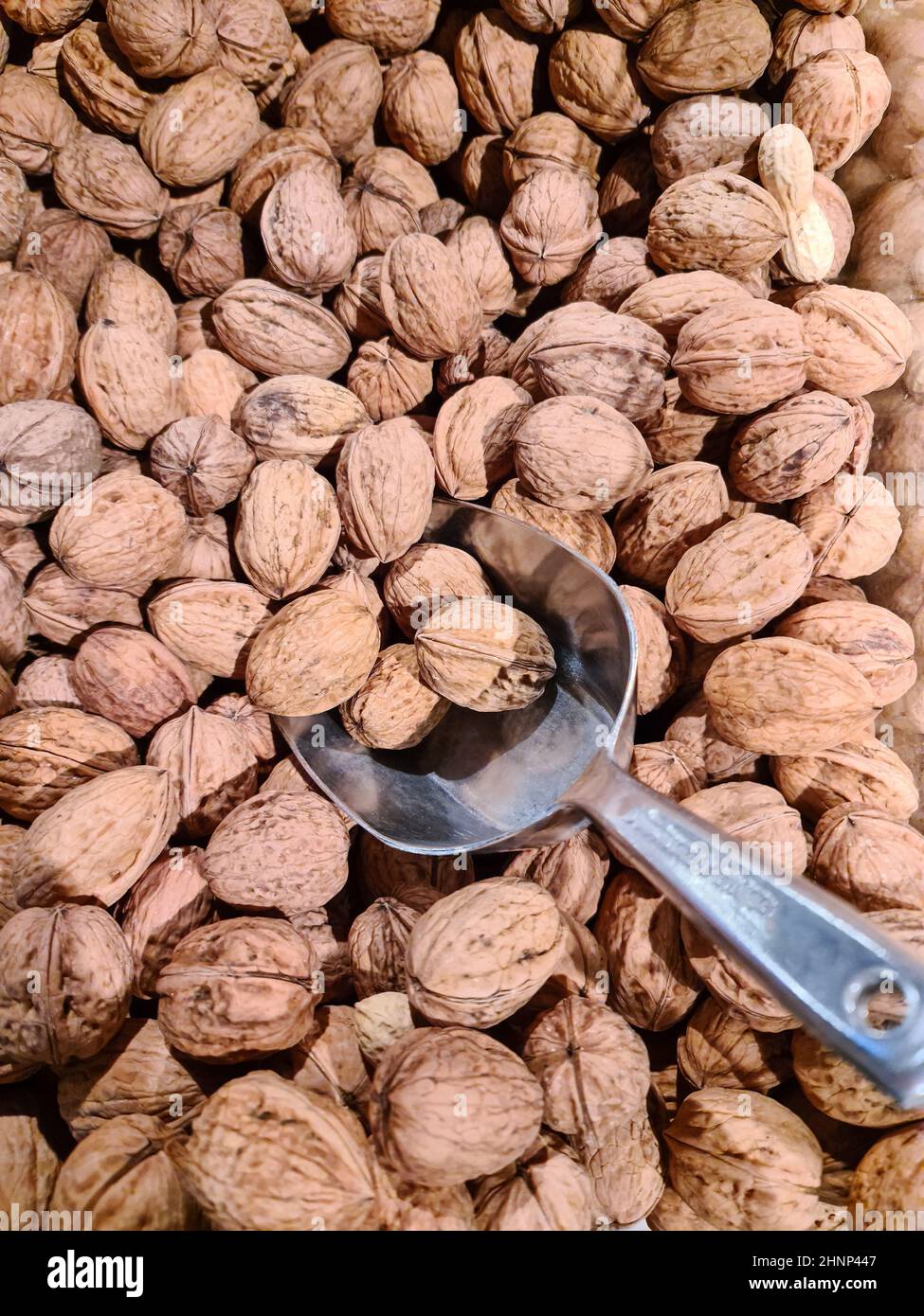 Many walnuts with a small scoop to fill in a sales display. Top view.. Stock Photo