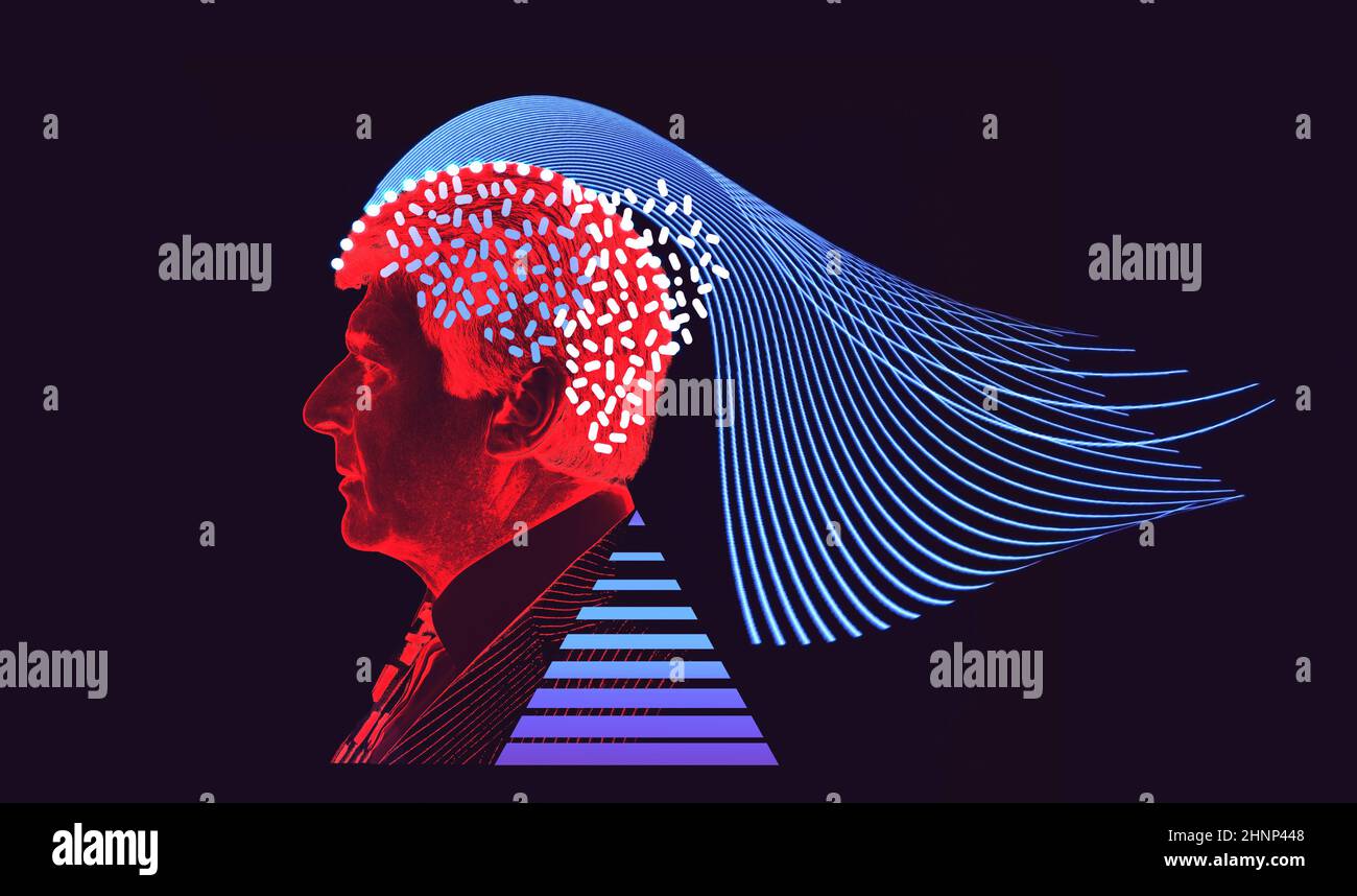 Artificial intelligence concept. Head, face with cybernetic digital brain, neural network link to virtual interface. Stock Photo