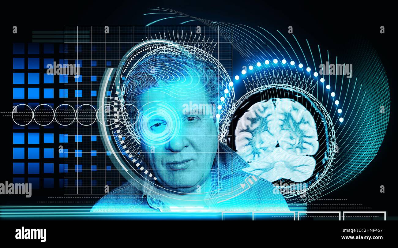 Artificial intelligence concept. Head, face with cybernetic digital brain, neural network link to virtual interface. Stock Photo